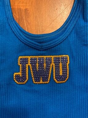 Custom Johnson and Wales University Bright Blue Ribbed Tank Top with JWU Patch